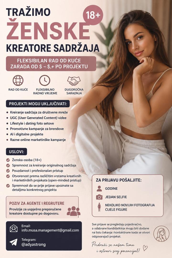 🌟 TRAŽIMO ŽENSKE KREATORE SADRŽAJA (18+)